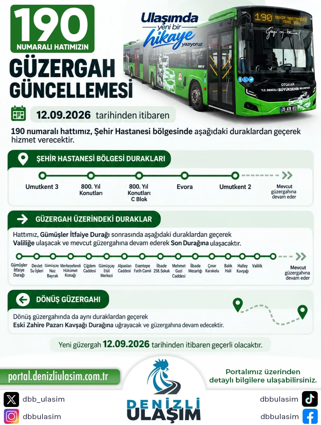190 numaralı hat güzergah güncellemesi