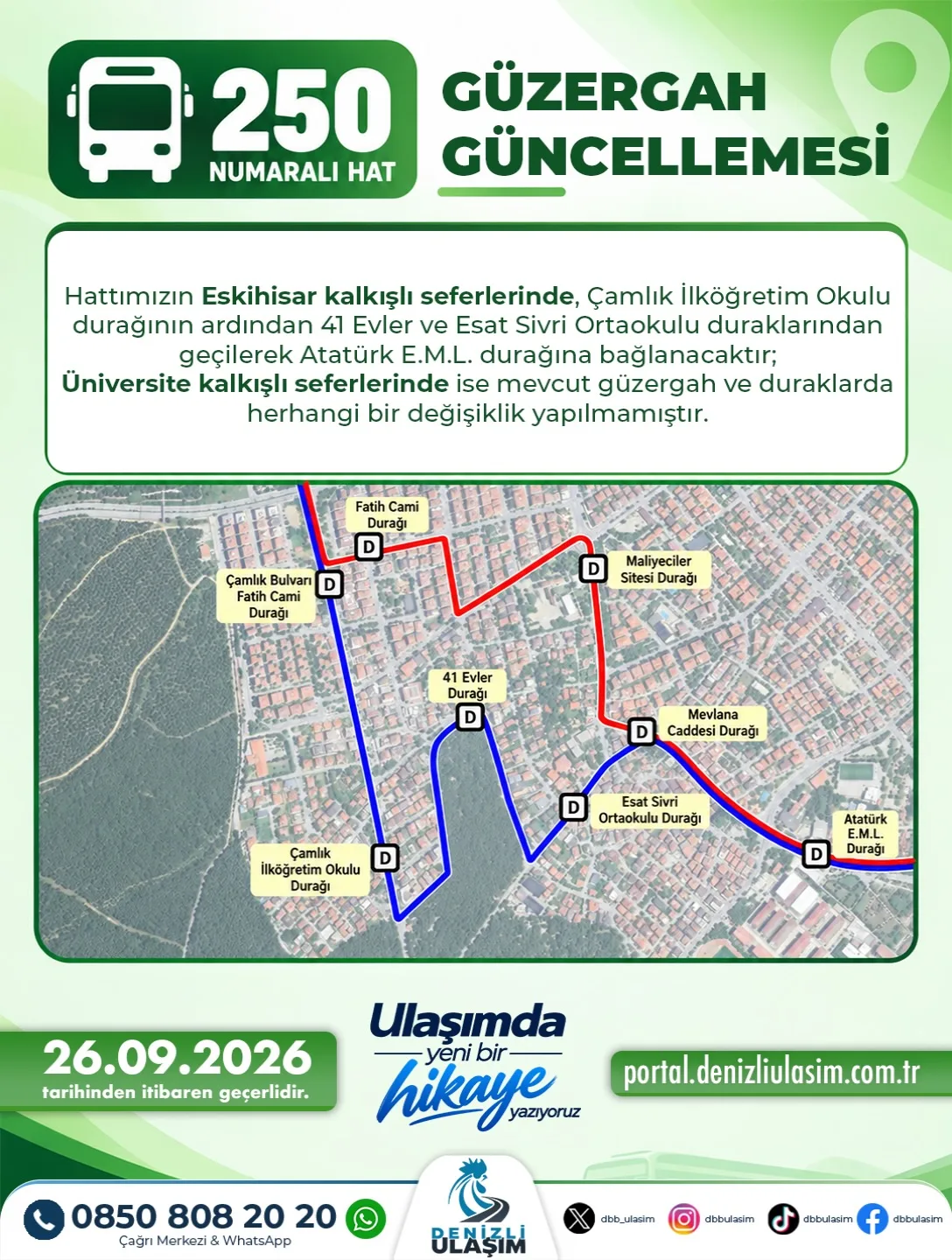 250 numaralı hat güzergah güncellemesi