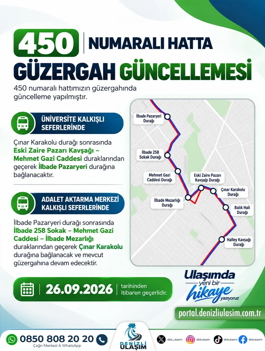 450 numaralı hat güzergah güncellemesi